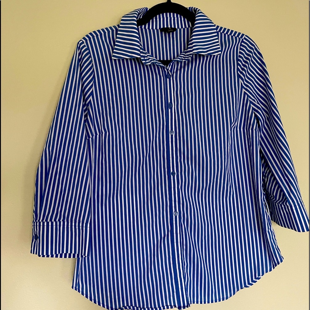 Striped blue and white button down shirt